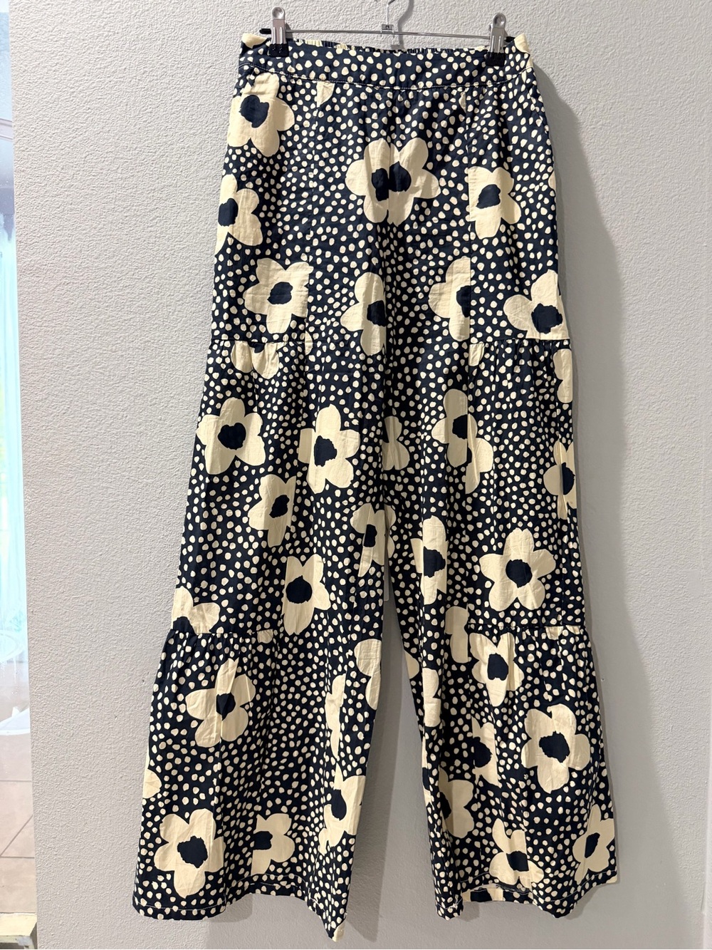 Black Wide-Leg Pants with Cream Floral Print